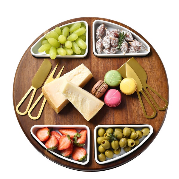 Lazy Susan Turntable Cheeseboard, Rotating Charcuterie Board with 4 Olive bowls, Wooden Eco Friendly Wedding gift for Couple - Shanik
