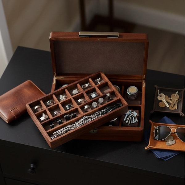 Engraved Wooden Jewelry Box Organizer for Men Jewelry Case Holder with Removable Divider Tray Man Cave Stuff Closet Organizer Fiance Gift