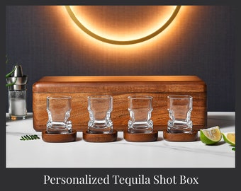 Customized Tequila Shot Glass Set with Engraved Acacia Storage Box, Wooden Coasters and Serving Tray, Personalized 10th Anniversary Gift