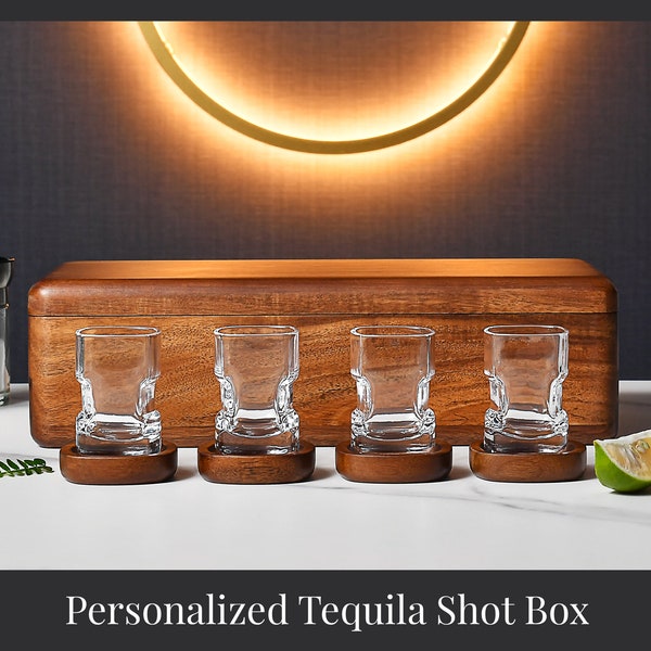 Customized Tequila Shot Glass Set with Engraved Acacia Storage Box, Wooden Coasters and Serving Tray, Personalized 10th Anniversary Gift