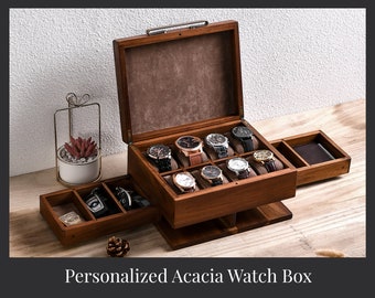 Custom Wooden Watch Box, Engraved Organizer with 8 Slots, Soft Velvet Pillows, Drawers & Cufflinks, Personalized 50th Birthday Gift For Men