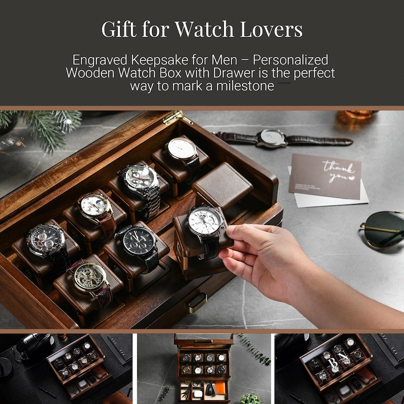 The image showcases a wooden watch box with a drawer, designed for watch lovers. The box is filled with various types of watches, and a person's hand is holding one of the watches, indicating the watch box is being used.
