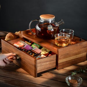 Rustic Wooden Tea Box with Drawer  Tea Bag Organizer with Name and Date  Personalized Custom Message Tea Storage  Keepsake Wedding Gift