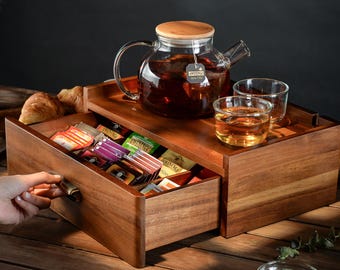 Rustic Wooden Tea Box with Drawer  Tea Bag Organizer with Name and Date  Personalized Custom Message Tea Storage  Keepsake Wedding Gift