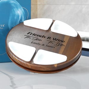 Round Wood Lazy Susan  Engraved Charcuterie Board with 360 Degree Rotating Top  4 Ceramic Bowls and Cheese Knife Set  Custom Cheeseboard