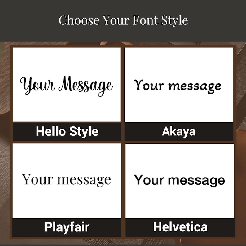 four different font styles for a message, including "Hello Style", "Akaa", "Your message", and "Playfair" and "Helvetica".