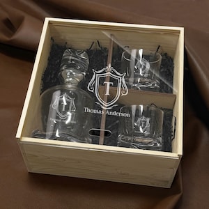 Luxury whiskey decanter box set with engraved crystal glasses personalized for father anniversary barware display gift