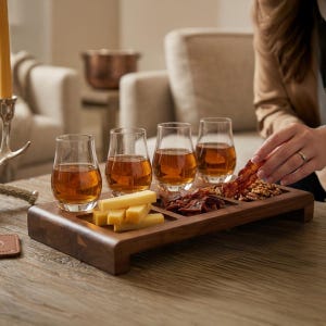 A wooden tray with four glasses of amber-colored liquid, likely whiskey, and a wooden platter with cheese and bacon.