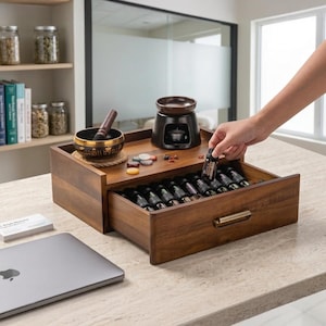 Functional Natural Living Essential Oil Storage Personalized Wood Drawer Box with Custom Engraving Essential Oil Organizer for 29 Bottles