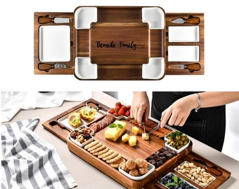 Personalized Wedding Gift Calligraphy Engraved Acacia Multisectional Cheese Board and Knife Set, Extra Large Wooden Serving Tray for Food