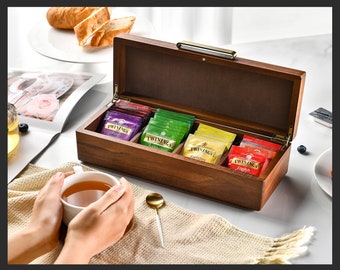 Personalized Engraved Wooden Tea Box, Storage with 4 Removable Slots, Compartments, Custom Organizer 30th Birthday Gift for Women Friend