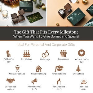 The image is a collage of various gift ideas, including personal and corporate gifts, ideal for different occasions such as Father's Day, birthdays, weddings, groomsmen, Valentine's Day, anniversaries, housewarming, graduations, Christmas, and new job gifts.