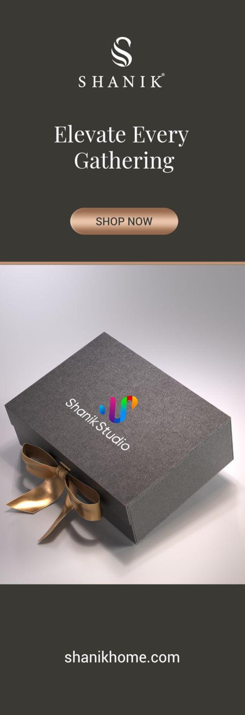 The image is an advertisement for Shank Studio, featuring a gray gift box with a gold ribbon and the Shank Studio logo.