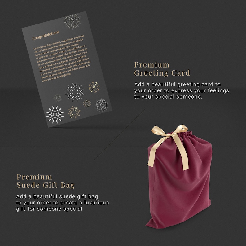 a red bag with a gold ribbon and a greeting card