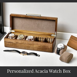 Watch Box For Men, Personalized Watch Storage Box with 5 Slots, Best Wood Organizer for Personal Stuff Like AirPods, Small accessories