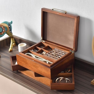 Engraved Wooden Jewelry Box Handmade Solid Wood Organizer with Drawers and Ring Tray Elegant Jewelry Holder Gift for Her Wife Girlfriend