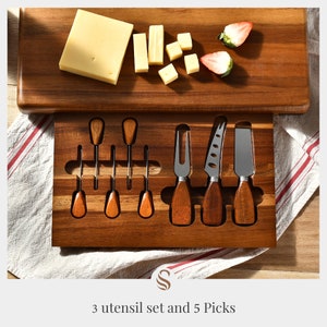 Premium Charcuterie Board with Knife Drawer and 3 Ceramic Bowls, Personalized Wooden Cheese Board Set, Host Family Gift for Housewarming image 9