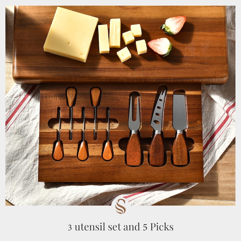 Premium Charcuterie Board with Knife Drawer and 3 Ceramic Bowls, Personalized Wooden Cheese Board Set, Host Family Gift for Housewarming image 9