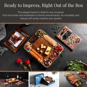 The image showcases a variety of wooden serving platters and trays, each filled with an assortment of food items, such as fruits, vegetables, cheese, crackers, and other snacks. The platters are arranged on a dark surface, creating a visually appealing display. The image also includes text that describes the platters as "right out of the box" and "ready to impress", suggesting that they are a versatile and attractive addition to any occasion.