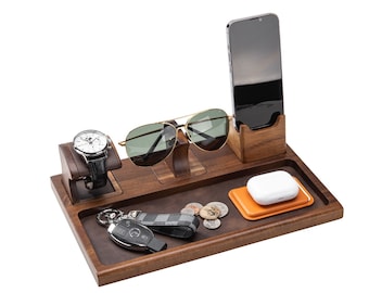 Wood Anniversary Gift for Him Docking Station Organizer, Mens Valet Stand for Watch, Glasses, Phone, Personalized Bedside Tray, EDC Tray