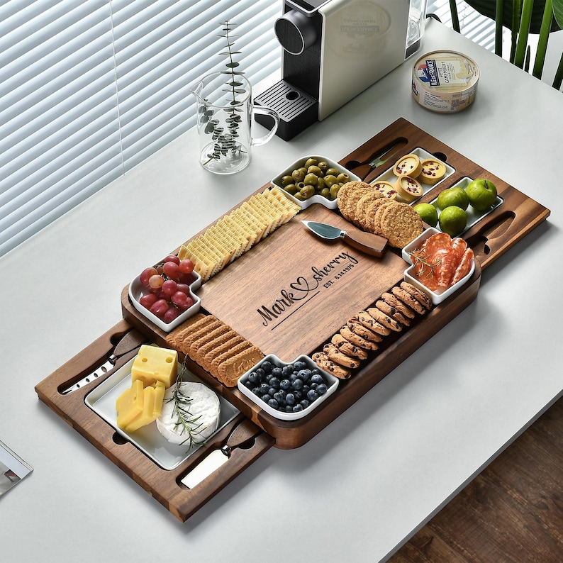 Personalized cheese board set with custom engraving for couples