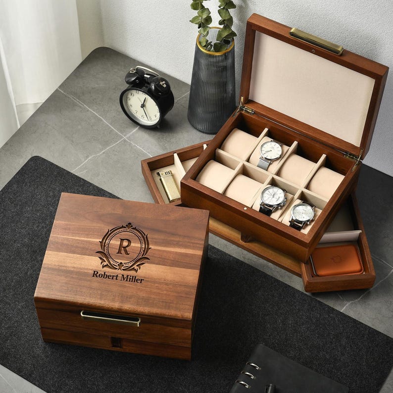 Regalo de décimo aniversario de bodas para él, regalo de quinto aniversario, caja de madera para reloj y joyas de hombre, regalo de decimocuarto aniversario para hombre, caja organizadora imagen 2
