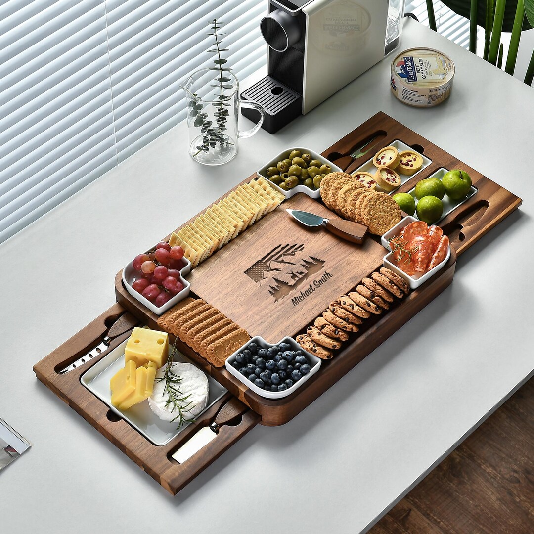 Acacia Multisectional Cheese Board and Knife Set, Wooden Serving Tray ...