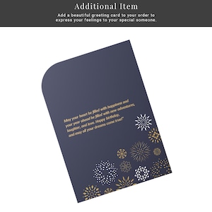 The image is a single, dark blue greeting card with a festive design of white and gold snowflakes.