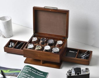 Horlogeverzamelaarscadeau gepersonaliseerde houten horlogedoos met lades gegraveerde herenhorloge-organizer voor liefhebbers van uurwerken Uniek houten cadeau voor hem