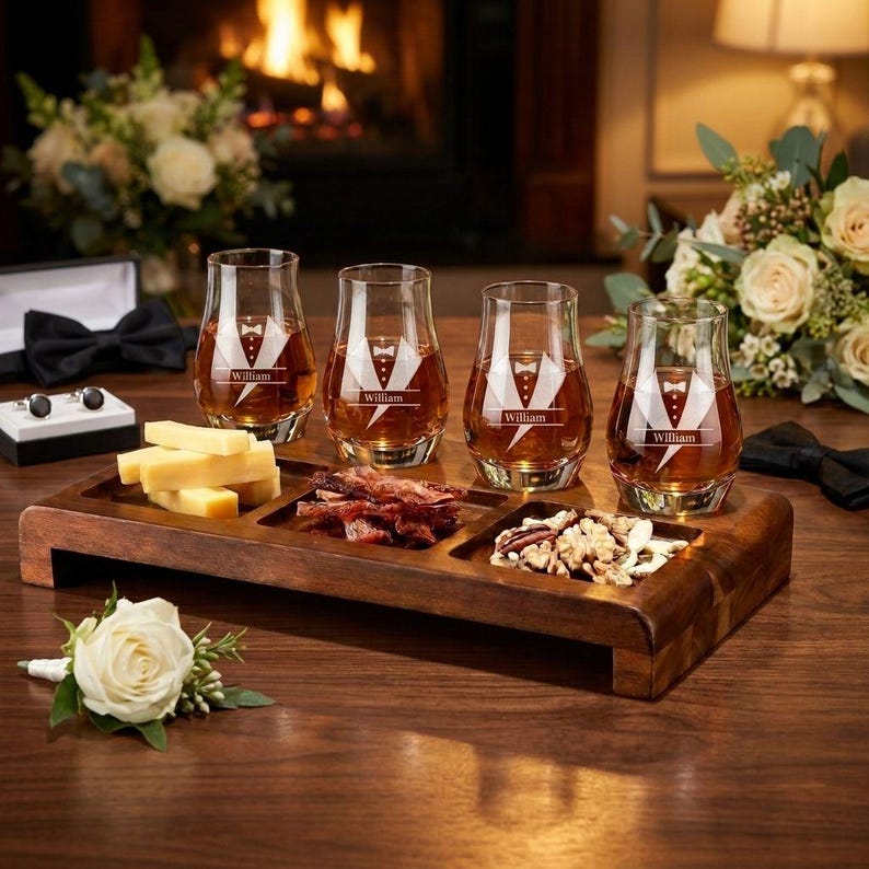 A wooden tray with four glasses of whiskey, a plate of cheese, and some nuts, all set against a backdrop of a fireplace and flowers.