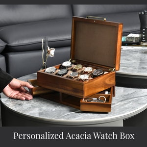 Custom Engraved Watch Box for Men, Men's Valet Box with Drawers Ideal Retirement Gifts for Men with Class, Premium Wood Gift for Men image 1