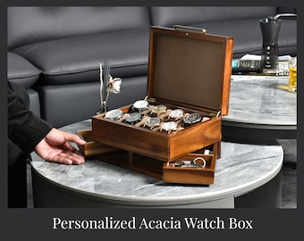 Custom Engraved Watch Box for Men, Men's Valet Box with Drawers - Ideal Retirement Gifts for Men with Class, Premium Wood Gift for Men