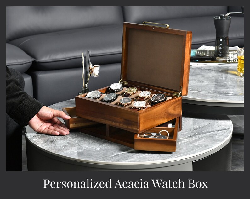 Custom Engraved Watch Box for Men, Men's Valet Box with Drawers Ideal Retirement Gifts for Men with Class, Premium Wood Gift for Men image 1