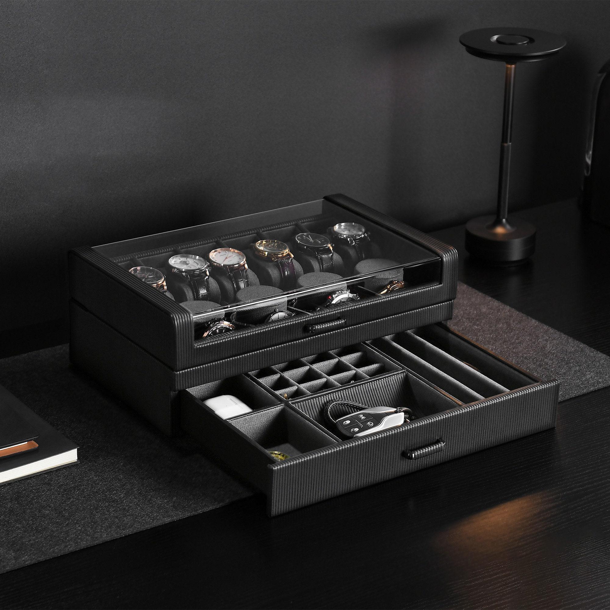 Gentlemans Watch Box Organizer With Drawer Custom Engraved Leather