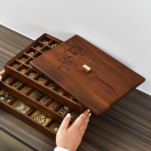 Stackable Jewelry Tray Organizer  Large Wooden Jewelry Box with Compartments & Lid  Custom Engraved Birth Flower Personalized Gift for Women