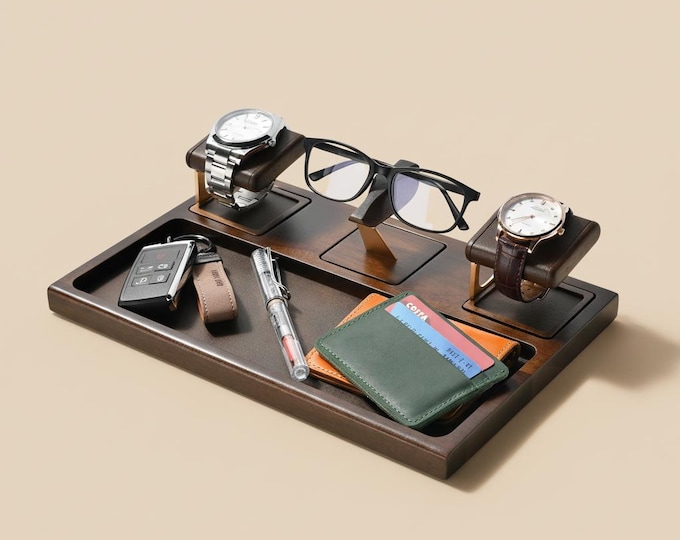 Fathers Day Gift Wood Docking Station for Men Custom Engraved Personalized Gift for Him Valet Tray Bedside Organizer and Charging Hub