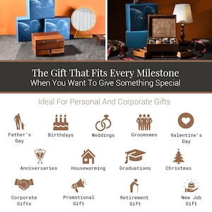 The image is a collage of various gift ideas, including personal and corporate gifts, ideal for different occasions such as Father's Day, birthdays, weddings, groomsmen, Valentine's Day, anniversaries, housewarming, graduations, Christmas, corporate gifts, promotional gifts, retirement gifts, and new job gifts.