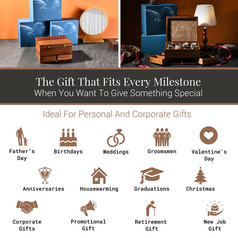 The image is a collage of various gift ideas, including personal and corporate gifts, ideal for different occasions such as Father's Day, birthdays, weddings, groomsmen, Valentine's Day, anniversaries, housewarming, graduations, Christmas, corporate gifts, promotional gifts, retirement gifts, and new job gifts.