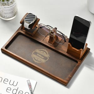 Wood Docking Station for Men  Custom Engraved Personalized Gift for Him  Mens Valet Tray  Bedside Organizer & Charging Hub Fathers Day Gift