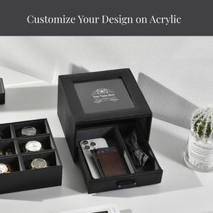 Custom Mens Jewelry Box for Watches Valet Box Organizer with Cufflink & Ring Storage Black Leather Personalized Gifts for Dad from Daughter image 4