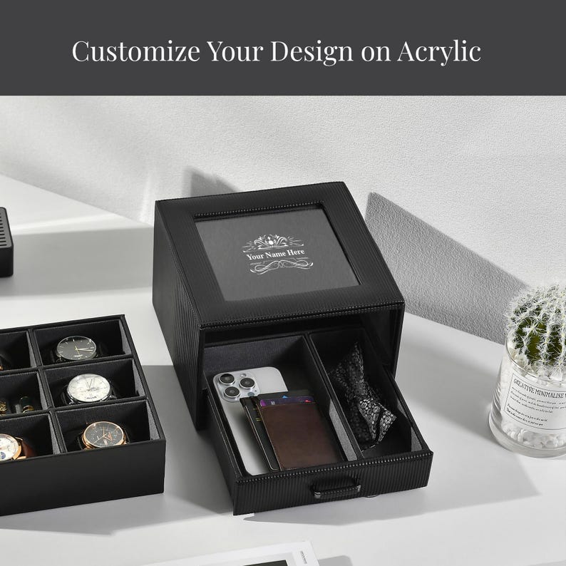 Custom Mens Jewelry Box for Watches Valet Box Organizer with Cufflink & Ring Storage Black Leather Personalized Gifts for Dad from Daughter image 4