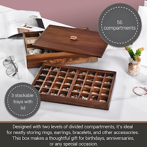 a wooden jewelry box with multiple compartments, designed with two levels of divided compartments, which makes it ideal for neatly storing rings, earrings, bracelets, and other accessories. The box is described as ideal for birthdays, anniversaries, or any special occasion.