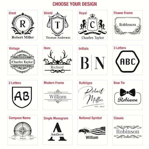 a collection of 16 different monogram designs, each featuring a unique combination of letters and symbols. These monograms can be used for personalizing items such as pens, notebooks, or other accessories. The designs include various styles like vintage, horn, initials, and classic, as well as monograms like Robert Miller, Thomas Anderson, Charles Taylor, and others. The monograms are presented in a grid format, allowing for easy comparison and selection based on individual preferences.