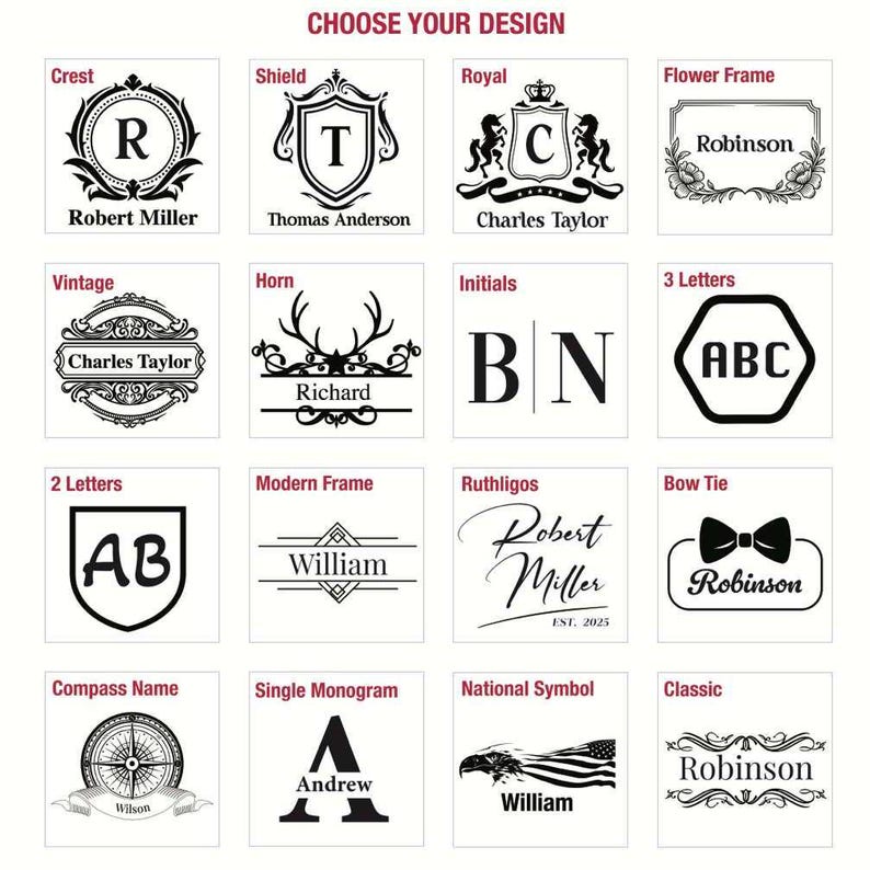 a collection of 16 different monogram designs, each featuring a unique combination of letters and symbols. These monograms can be used for personalizing items such as pens, notebooks, or other accessories. The designs include various styles like vintage, horn, initials, and classic, as well as monograms like Robert Miller, Thomas Anderson, Charles Taylor, and others. The monograms are presented in a grid format, allowing for easy comparison and selection based on individual preferences.