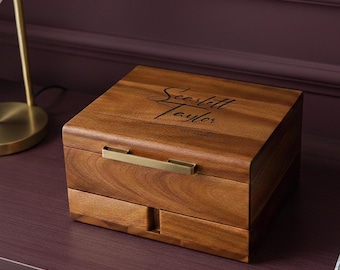 Shanik Engraved Wooden Jewelry Box Organizer with Drawers Jewellery Safe Dresser Closet Organization Housewarming Gifts for Men and Women