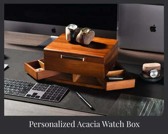 Custom Engraved Mens Watch Box with Drawer, Wooden Watch Storage Organizer - 8 Divider Slots, Watch Display Case, Personalized Gifts for Dad