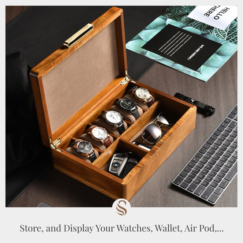 Watch Box For Men, Personalized Watch Storage Box with 5 Slots, Best Wood Organizer for Personal Stuff Like Airpods, small accessories 10 image 3
