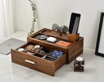 Men&#39;s Accessory Box Personalized Gift for Gentleman  Engraved Wood Watch Box for Men  Practical Drawer Box Nightstand Organizer  Valet Box