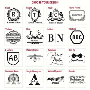 a collection of 16 different monogram designs, each featuring a unique combination of letters and symbols. These monograms can be used for personalizing items such as pens, notebooks, or other accessories. The designs include various styles like vintage, horn, initials, and classic, as well as monograms like Robert Miller, Thomas Anderson, Charles Taylor, and others. The monograms are presented in a grid format, allowing for easy comparison and selection based on individual preferences.