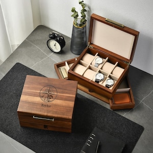 Rustic Gray Watch Box Organizer with 8 Divider Slots, Soft Velvet Pillows, Pull-Out Drawers, Cufflinks, Removable Divider, Best gift ever